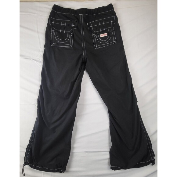True Religion Cargo Parachute Pants Black White Stitch Drawstring Unisex Sz 29 - Picture 5 of 10